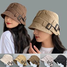 Japanese Design Adjustment Buckle Bucket Hats For Women Men Fashion Flat Top Visor Sun Hat Foldable Adjustable Panama Travel Cap 240529