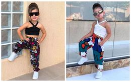 Clothing Sets 2024 Girls' Halter Short Vest Fashion Printed Straight Mopping Pants Leisure Sports Summer Two-Piece Set