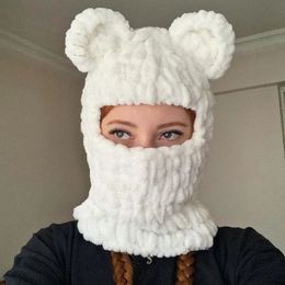 Y2K Unisex Winter Beanie Cute Knitted Cartoon Bear Ears Funny Hat Thickened Warm Balaclava Neck Warm French Cover Hat 240528