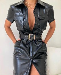 Solid Pu Leather Dress Women Short Sleeve Turn Down Collar Shirt Dress Sexy Belted Party Dresses Black Leather Vestidos Mujer8735143