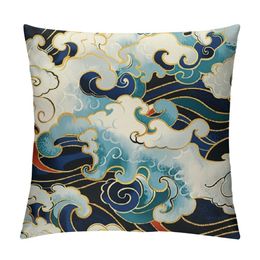 Cushion Covers Blue Ocean Waves Foam Splashes Traditional Oriental Seamless Pattern Decorative Pillow Case for Sofa Couch Chair Bedroom Modern Decor