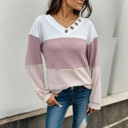 Women's Blouses Women Colour Block Pullover Blouse Button V Neck Lantern Sleeve Loose Shirt Ladies Winter Fashion Casual Blusas Para Mujer