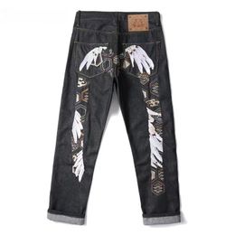 Summer men washed jean designer mens pants Jean printing straight zipper biker jeans wide leg denim black
