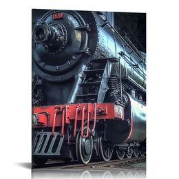 Canvas Wall Art Steam Train Roaming on the Tracks Pictures Print on Canvas Wall Paintings for Home Room Office Club Decorations Giclee Wooden Framed Ready to Hang,