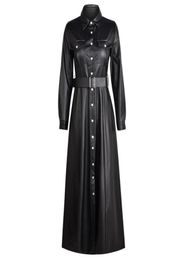 Leather Shirts Dress Casual Ladies Lapel Buttons Black PU Dresses with Belt New Spring Autumn Long Sleeve Women Maxi Dress LJ201207175833
