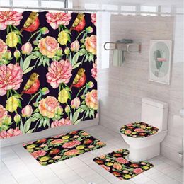 Shower Curtains 4Pcs Rose Watercolour Floral Bird Curtain Blossom Flower Rustic Non-Slip Rug Toilet Lid Cover Bath Mat Bathroom Decor Set