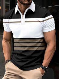Men's Polos Boutique Colour Block Mens Casual Striped Short Sleeved Zipper Lapel Fashion Shirt Summer Breathable Tennis T Shirt Tops z240529