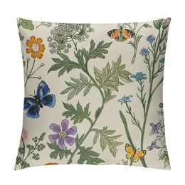 Vintage Floral Plant Throw Pillow Covers Herbs Botanical Decorative Pillow Case Soft Square Cushion Covers for Couch Sofa Bedroom Livingroom (Pack of 2)