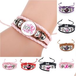 Charm Bracelets Breast Cancer Awareness Pink Ribbon For Women Walking The Cure Leather Wrap Bangle Fashion Believe Hope Faith Jewellery Dhqr2