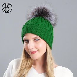 Berretti di teschio bernelli fs cappelli a maglia caldi inverno per donne con vera pelliccia di procione pompom verde berretto da berretti berretti berretti gorros muros 285o