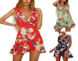 Women Chiffon Summer Dress Ruffle Bohemian Print Beach Boho Dress Sexy Deep V-Neck Sleeveless Mini Wrap Dress8923314