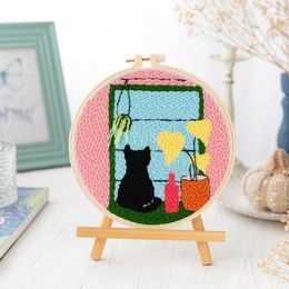 Home Window Cat Kitty DIY Punch Needle Kit Embroidery Poke Wool Yarn Needle Cat Kit For Beginner Handmade Artwork Decoration