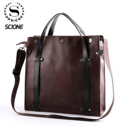 Scione Men's Briefcase Crazy horse PU Leather Handbag Business office File bag Vintage Messenger Bags Casual work Tote1 230t