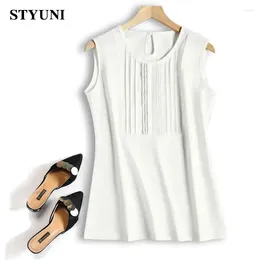 Women's Blouses White Solid Bright Silk Folds Casual O-Neck Sleeveless Vest Blouse Shirt Pullover Korean Fashion Female Clothing Tops