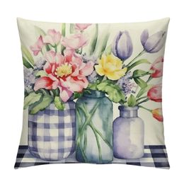 Spring Pillow Covers Gray Buffalo Plaids Home Love Throw Pillow Case Truck Tulip Lavender Floral Cushion Cover for Farmhouse Couch Sofa Car Decoration