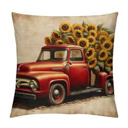 Yellow Sunflowers Red Pickup Truck Summer Home Sofa Chair Bed Decoration Lumbar Pillowcase Decorative Throw Pillow Cover Case