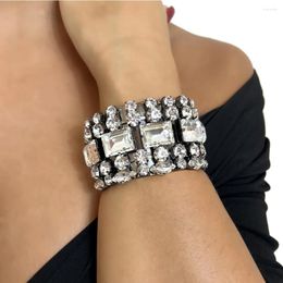 Link Bracelets Fashion Rhinestone Big Square Wide Bangle Bracelet Wedding Jewelry For Women Luxury Crystal Geometric Hand Trend