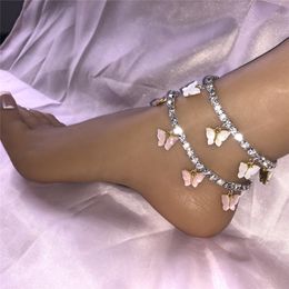 Acrylic Butterfly Women Anklets Iced Out Tennis Chain Leg Bracelet Rhinestone Silver Gold Animal Pendant Charms Fashion Beach Feet Jewe 195x