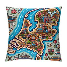 Cushion Cover Netherlands Map with Cartoon Landmarks, Home Decorative Pillowcase Sofa Couch Throw Pillow Cushion Cover