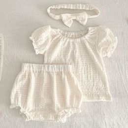 Baby Girls Cotton Clothes Summer Outfit born Infant Puff Short Sleeve White Tee Solid Shorts Sets with Lace Bow Headbands 240529