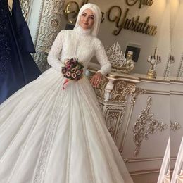 2021 High Neck Muslim Wedding Dresses with Long Sleeves Luxury Beading Sweep Train Lace Applique Custom Made Plus Size Wedding Gown ves 260H