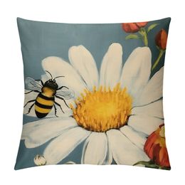 AnyDesign Daisy Flower Throw Pillow Covers Blue White Pillow Case Summer Spring Bee Cushion Case for Home Indoor Outdoor Sofa Couch Office,