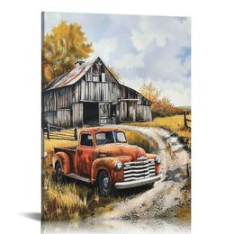 Farmhouse Canvas Wall Art, Old Farmhouse and Old-Fashioned Red Pick-Up Truck Painting Picture Rustic Farmhouse Poster Print for Living Room Bedroom Decor