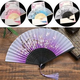 Decorative Figurines Vintage Silk Folding Fan Chinese Style Flower Printed Dance Art Crafts Gift Antique Bamboo Wood Hand Home Decoration