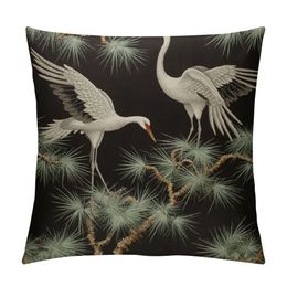 Throw Pillow Cover Japanese Bird Asian Dancing Oriental Crane Pine Tree Vintage Design Animal Square Pillow Case Cushion Cover for Home Car Decorative