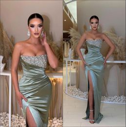 Hot sale Strapless Mermaid Long Evening Dresses Stunning Sequin Beaded High Split Ruched Formal Party Dresses Prom Corset Special Occasion Gown BC16335