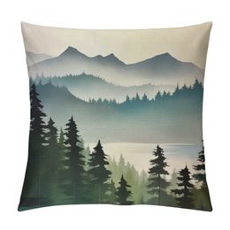 Nature Landscape Throw Pillow Cover Mountain Forest and Lake Summer Green Plant Fog River Park Pillow Case Decorative Square Cushion for Home Couch Bed