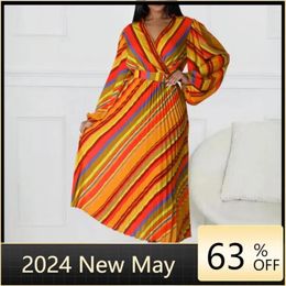 Ethnic Clothing Red Yellow Polyester Dresses For Women Summer Fashion 2024 V-neck Long Sleeve Maxi Dress Africa