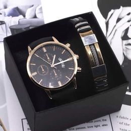 Men Watch Bracelet Set Fashion Sport Wrist Watch Alloy Case Leather Band Watch Quartz Business Wristwatch calendar Clock Gift 210630 293f