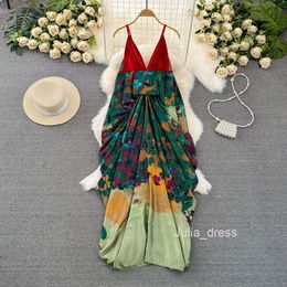 New Chinese Classical Oriental Aesthetics V-neck Large Open Back Strap Dress Beach Vacation Skirt