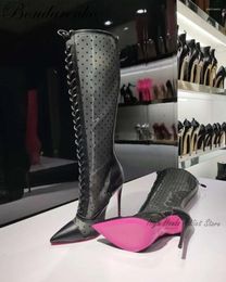 Boots Black Mesh Pink Sole Sexy Knee High Women Pointed Toe Stiletto Heels Summer Boot Zipper Big Size Designer Shoes On Offer