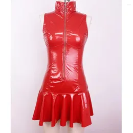 Casual Dresses Plus Size Women Sexy Glossy Leather Dress Sleeveless Shiny Latex Pleated Short Skirt Porn Zipper Open Breast Exposing