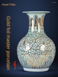 Vases Ceramic Hand-Painted Shadow Glaze Gold Vase Chinese Style Light Luxury Living Room Decoration Floor Large Ornaments