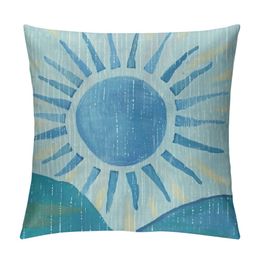 Abstract Boho Sun Decorative Pillowcase Throw Pillow Cover, Minimalist Art Sunrise Sunshine for Sofa Bed Room Home Bohemia Decor Pillow Case (Blue)