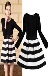 selling Autumn and Winter Black and White Striped 34 Length Sleeve New Fashion Vintage Short Ball Gown Dress7061995