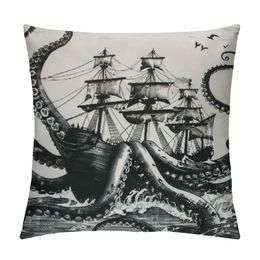 Throw Pillow Cover Vintage Sail Boat Gorgeous Cool Octopus Cute Animal Ocean Waves Nautical Marine Sea Life Decor Lumbar Pillow Case Cushion for Sofa Couch Bed