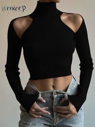 Weekeep Basic Black Turtleneck Sweater Pullovers Hollow Out Off Shoulder Skinny Casual Sweaters Streetwear Women Knitwear Jumper 240528
