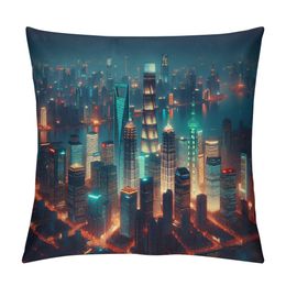 New York Throw Pillow Cushion Cover, NYC Midtown Skyline in Evening Skyscrapers Metropolis City States Photo, Decorative Square Accent Pillow Case, 16" X 16", Blue Royal