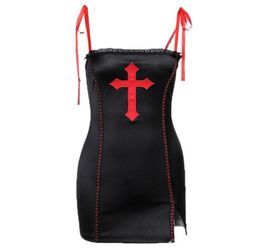 Casual Dresses Women Goth Punk Tie Up Strap Sexy Bodycon Black Mini Dress Harajuku Red Patch Embroidery Split Hem High Waist Party6341944