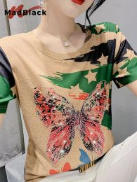 MadBlack Summer T-Shirt Chic Sexy O-Neck Shiny Hot Drill Butterfly Women Tops Short Sleeve Hand Make Tees T32111X