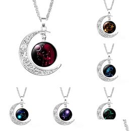 Pendant Necklaces New 12 Zodiac Sign Moon For Women Glass Cabochon Constellation Charm Chains Fashion Jewellery Gift Drop Delivery Penda Dhn97