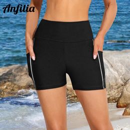 Men's Swimwear Anfilia Women Swimming Trunks Boyleg High Elastic Side V Slit Wide Waistband With Pockets Slim Sporty Tankini Bikini Bottom