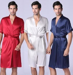 Men039s Sleepwear Mens Solid Colour Bathrobe Short Sleeve Kimono Robes Vneck Faux Silk Male Nightwear Satin Bath Robe2508495