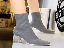 Boots EOEODOIT High Square Heels Women Sexy Toe Sock Shoes Knit Fabric Pumps Mid Calf Autumn Winter Stretchy Booties 8 Cm4897039