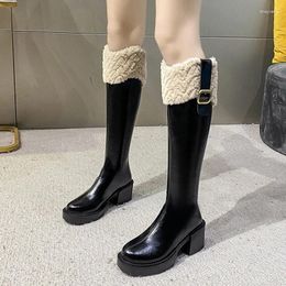 Boots Thick Plush Warm Knee High Women Winter Faux Fur Chunky Heels Long Woman Black PU Leather Platform Thigh Botas