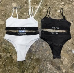 Letters Embroidered Bikinis Women Beach Bra Briefs Set Sexy Padded Push Up Wirefree Sporty Underwear Split Swimsuit Contrast Color Bathing Suits